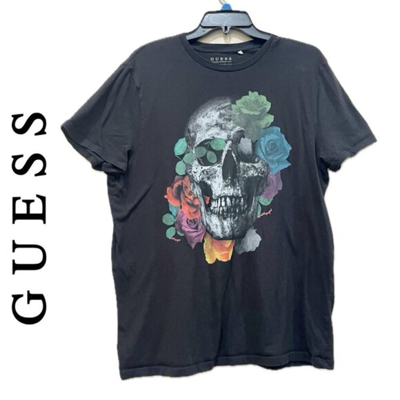 GUESS SKULL ROSES T-SHIRT BLACK EMO GOTHIC SIZE LARGE - Picture 1 of 12